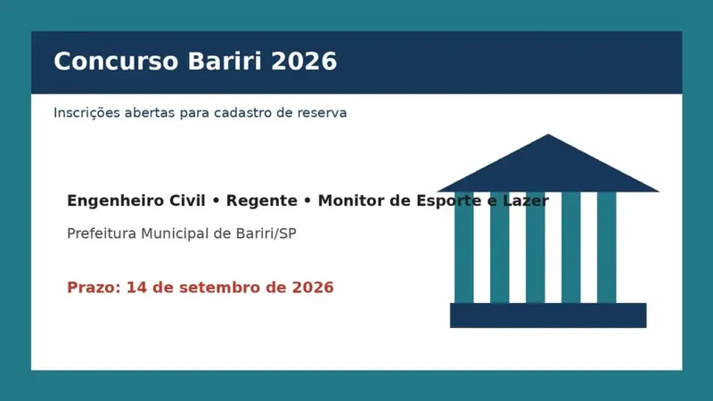 Concurso Bariri 2026 com cargos e prazo de inscrição