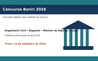 Concurso Bariri 2026 com cargos e prazo de inscrição