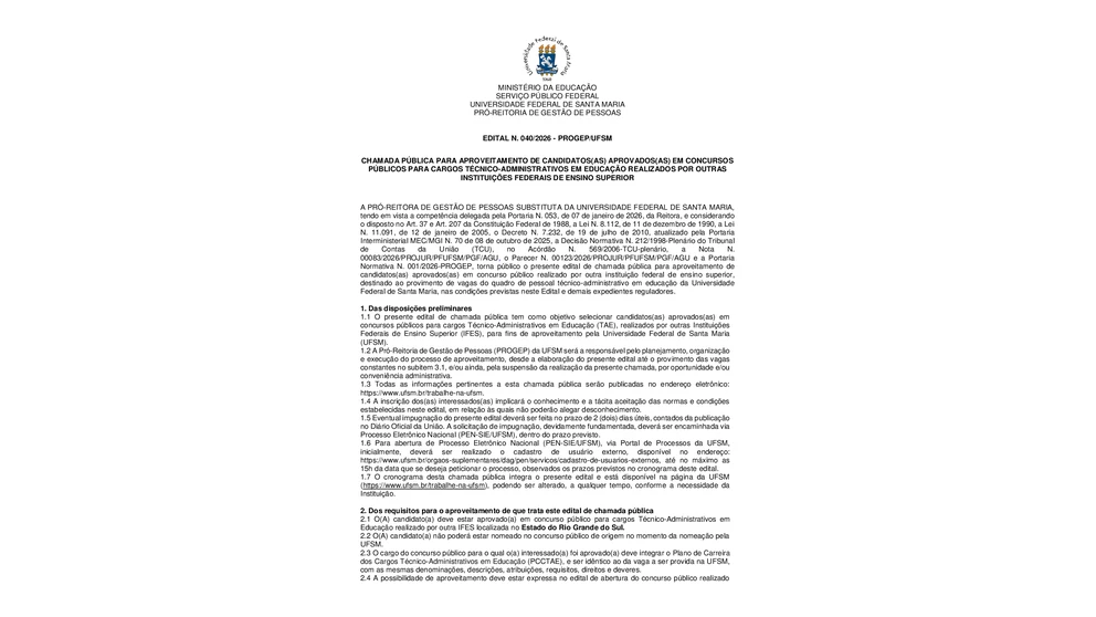 Primeira página do Edital 040/2026 da UFSM sobre aproveitamento de aprovados em concursos