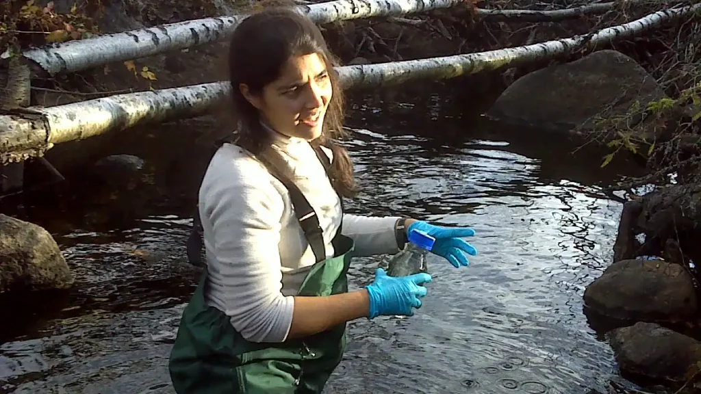 Técnico em Meio Ambiente coleta amostra de água em atividade de campo
