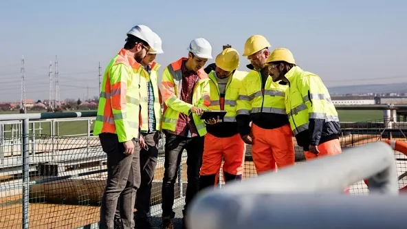 Equipe técnica acompanhando operação de estação de saneamento para ilustrar o trabalho do técnico em Meio Ambiente