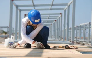 Técnico de Segurança do Trabalho em canteiro de obras usando equipamentos de proteção