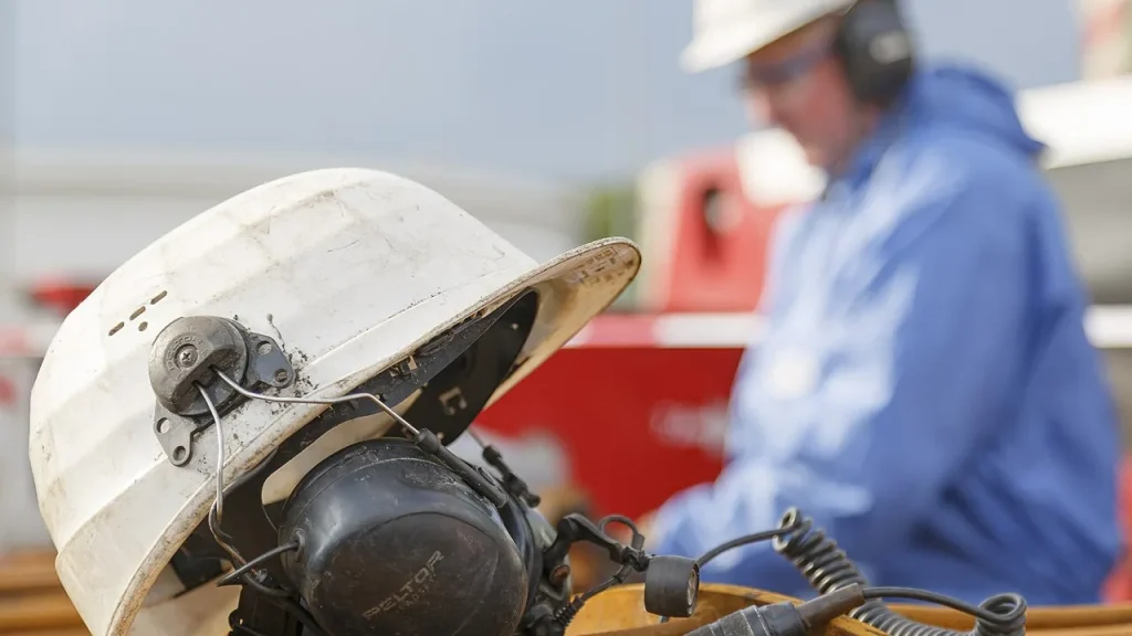 Técnico em Segurança do Trabalho em ambiente industrial com capacete e proteção auditiva